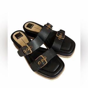 Dolce Vita Canyon Espadrille Platform Black Leather Sandals with Gold Accents